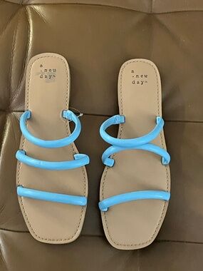 NWOT Women's Target A New Day Triple Strap Neon Blue Slide Sandals size 8